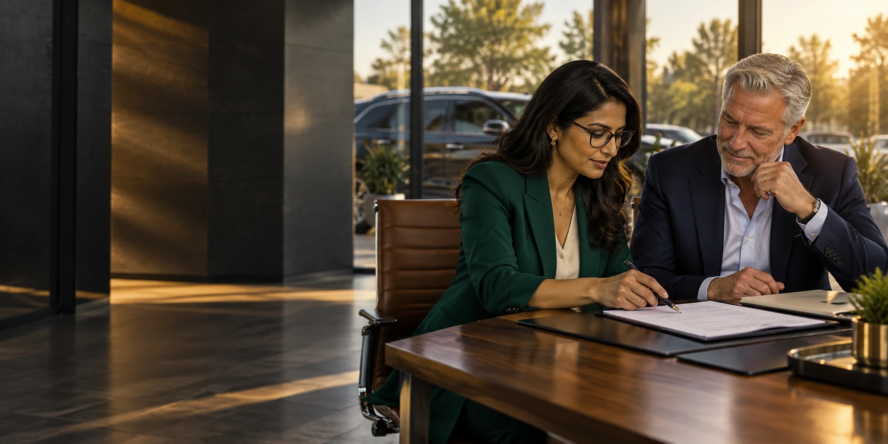 Credit union and dealership professionals review a participation agreement.