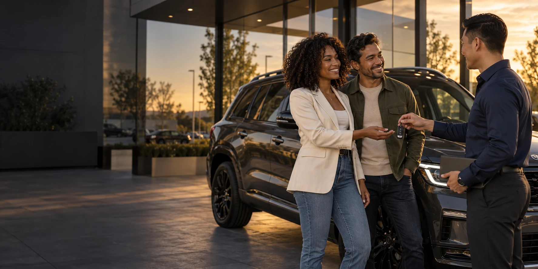 Members receive vehicle keys from a dealership representative beside an SUV.