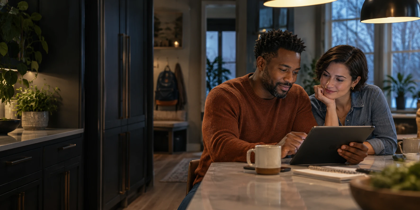 A couple researches vehicles together on a tablet at home.