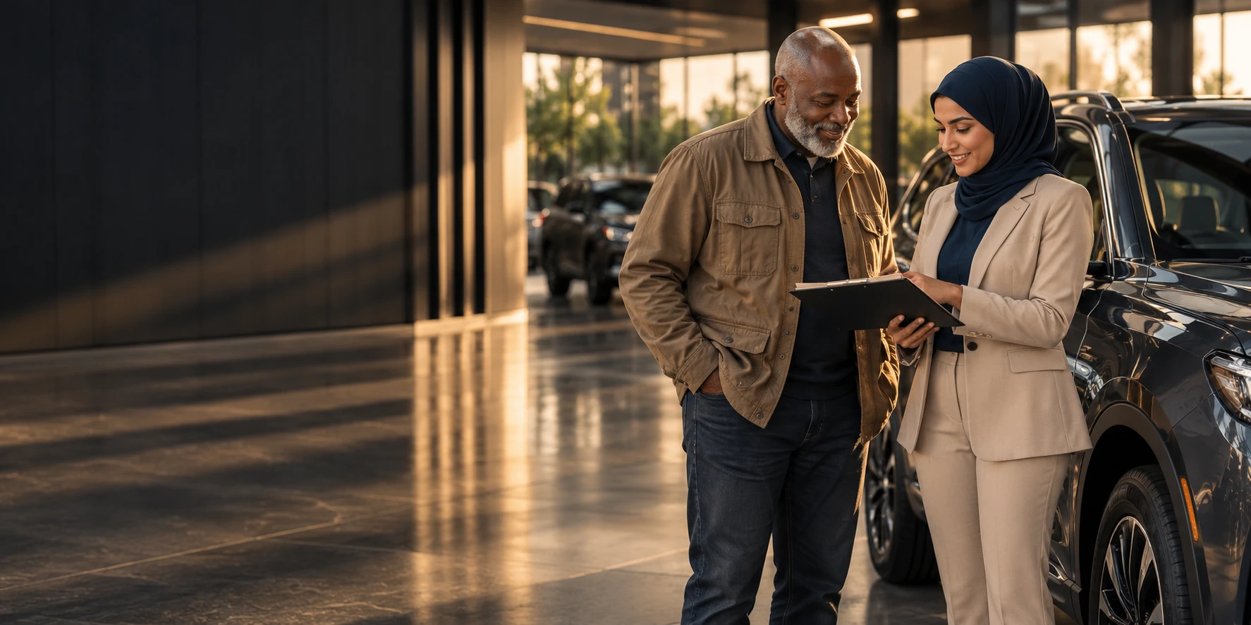 A dealership specialist reviews vehicle information with a member beside an SUV.